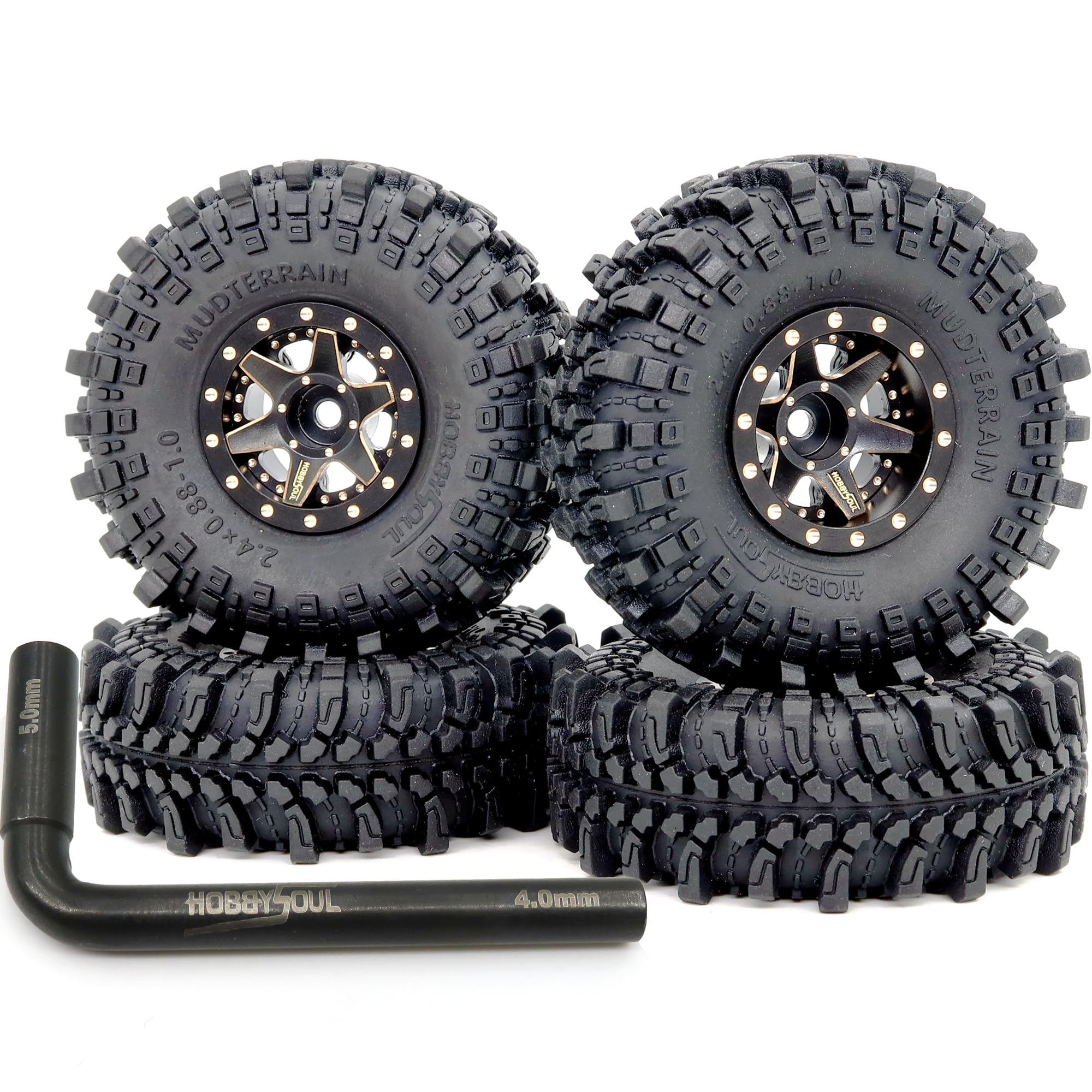 HOBBYSOUL 61mm Tall Soft Sticky 1.0 beadlock Wheels and Tires Brass Adjustable Offset Rims for RC Mud Crawler TRX4M SCX24 Upgrades,HS701491