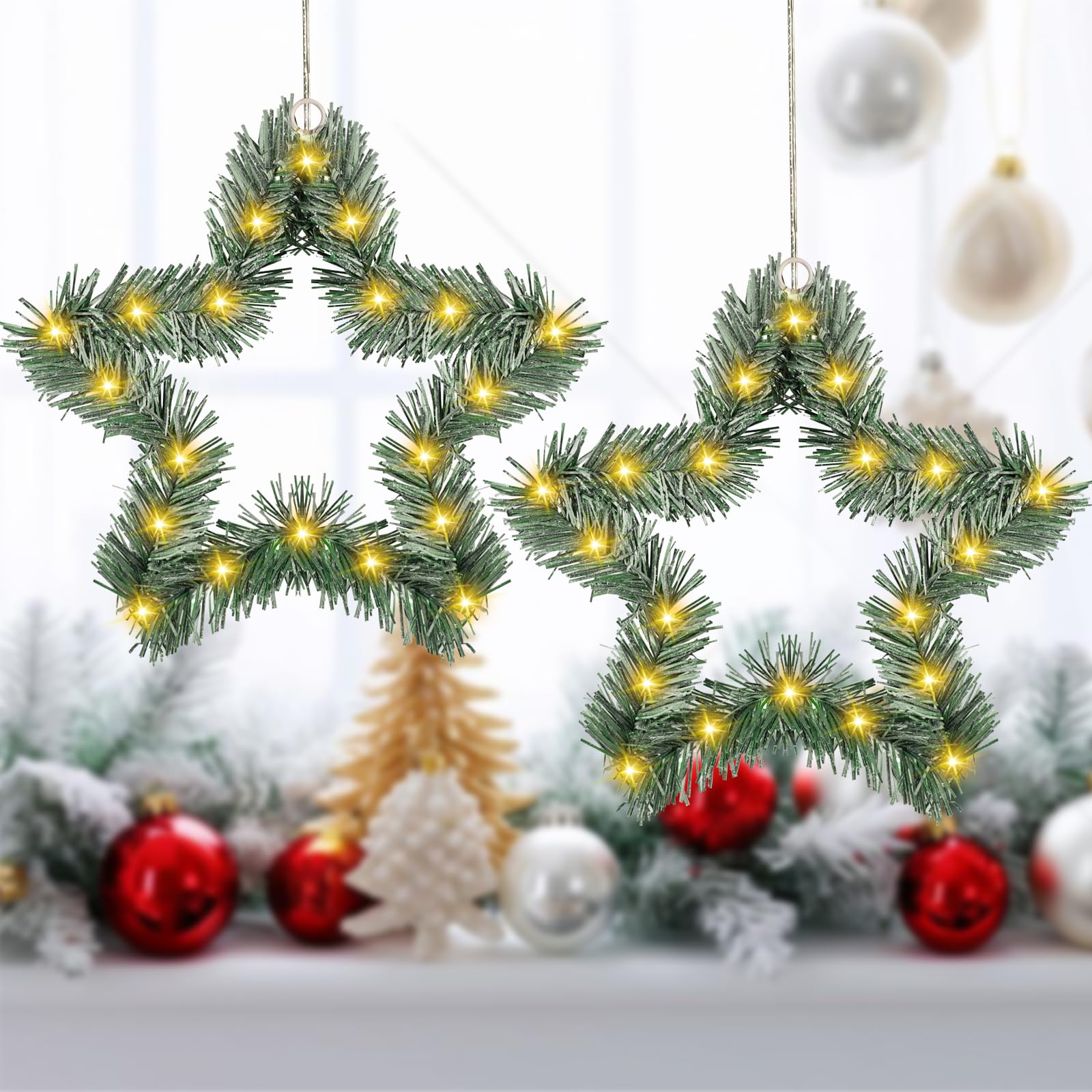 YIFMOO Weihnachtsstern Lichter, 2 Stück 40 LED Warmweiß Weihnachtsdeko Fenster Leuchtster mit Timer, Batteriebetriebene Weihnachtsbeleuchtung für Innen Außen Weihnachten Deko Balkon Party Hochzeit
