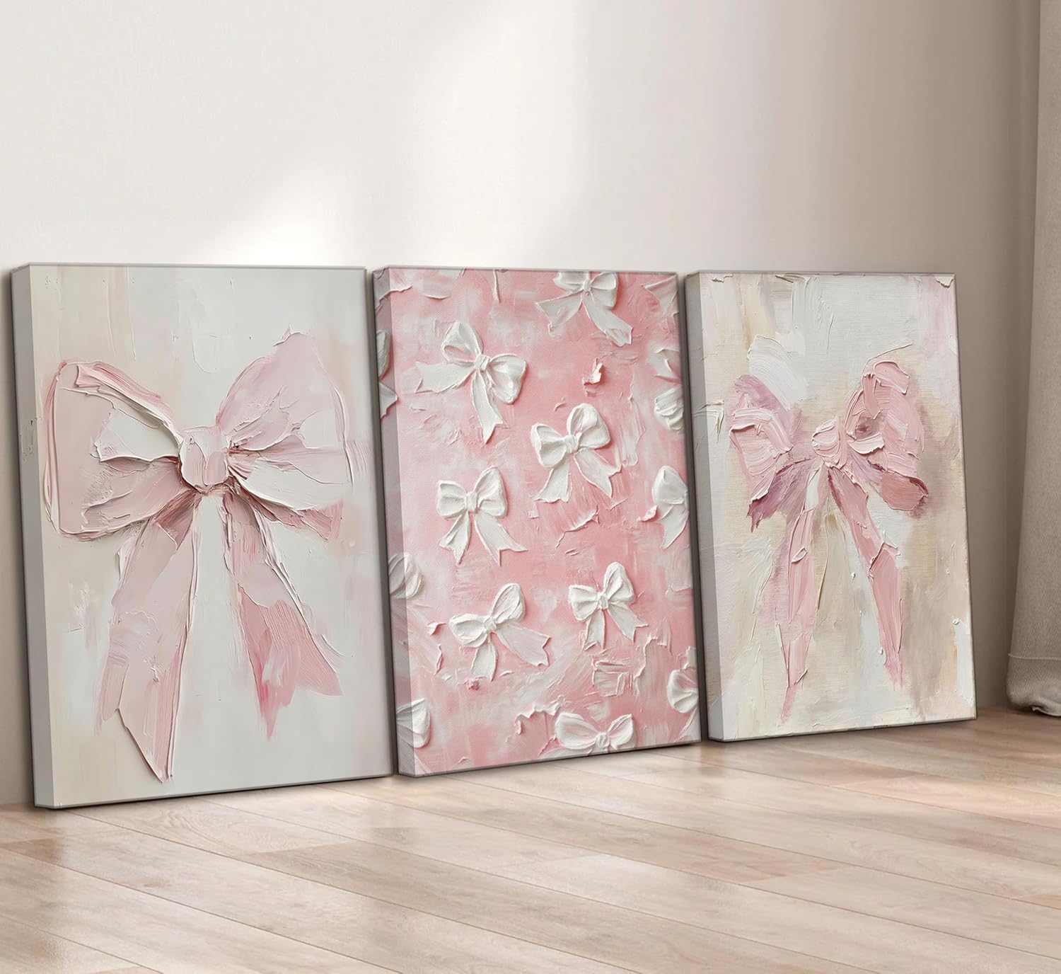 3Pcs Trendy Pink Bow Canvas Wall Art Vintage Cute Preppy Watercolor Bow Painting Pictures Wall Decor Posters Prints Girly Aesthetic for College Apartment Bedroom Decoration