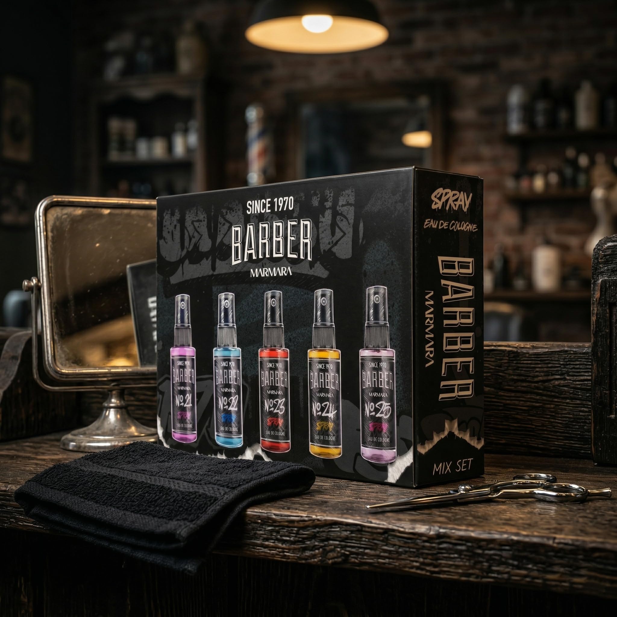Barber Marmara Graffiti Mix Eau de Cologne Gift Set for Men 5 x 50ml | Mini Turkish Barbershop Aftershave Sprays with Fresh Woody Citrus Scents. Long Lasting Travel Size Fragrances.