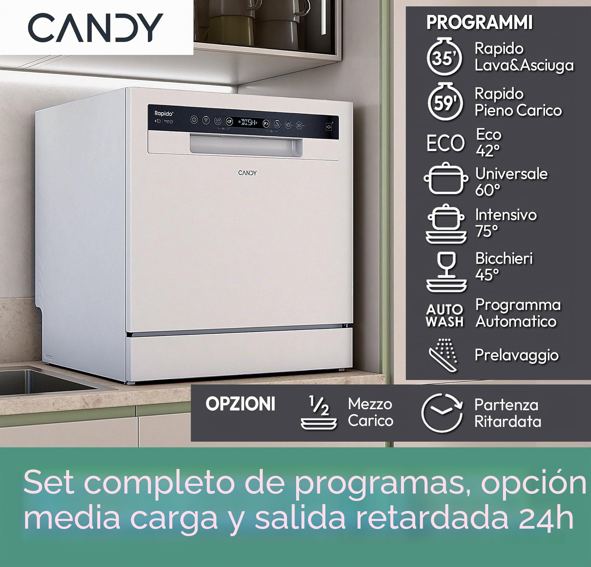 Candy Rapido' CP 8F9FFW Lavavajillas compacto, 8 cubiertos, 8 programas, lavado y secado de 190 cm, primera selección, HxBxD 59,5 x 50,1 x 55 cm, blanco [clase energética F]