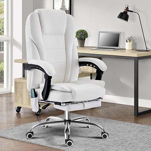 Miniatura 2 de Silla de oficina de masaje reclinable con reposapiés, silla ejecutiva ergonómica de respaldo alto con función de calefacción y vibración (blanco)