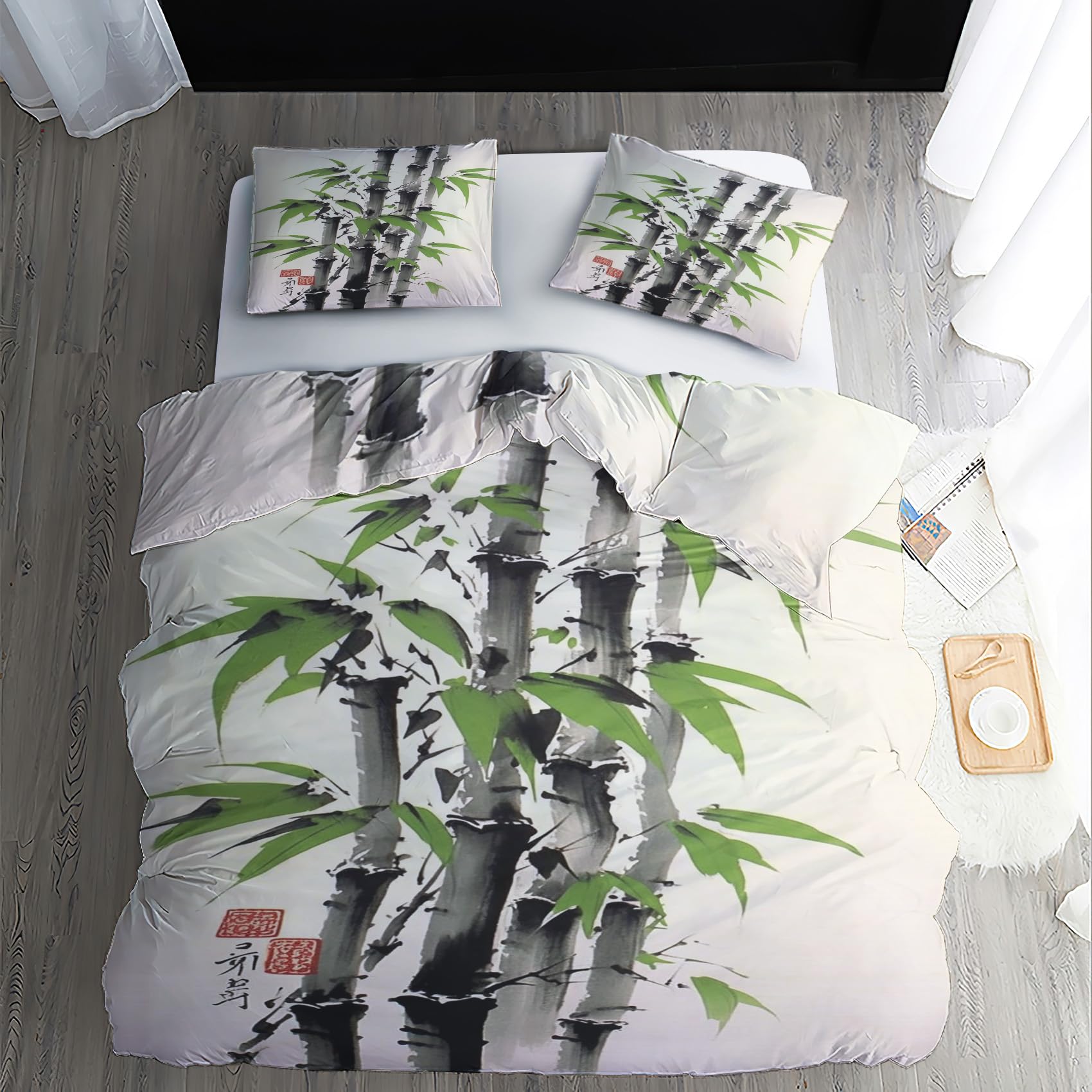 Housse De Couette Japonaise 220x240 Cm - Motif Bambou, Pierre Zen, Lotus - 2 Taies D'oreiller 65x65 - Microfibre Douce, Fermeture éclair - 8