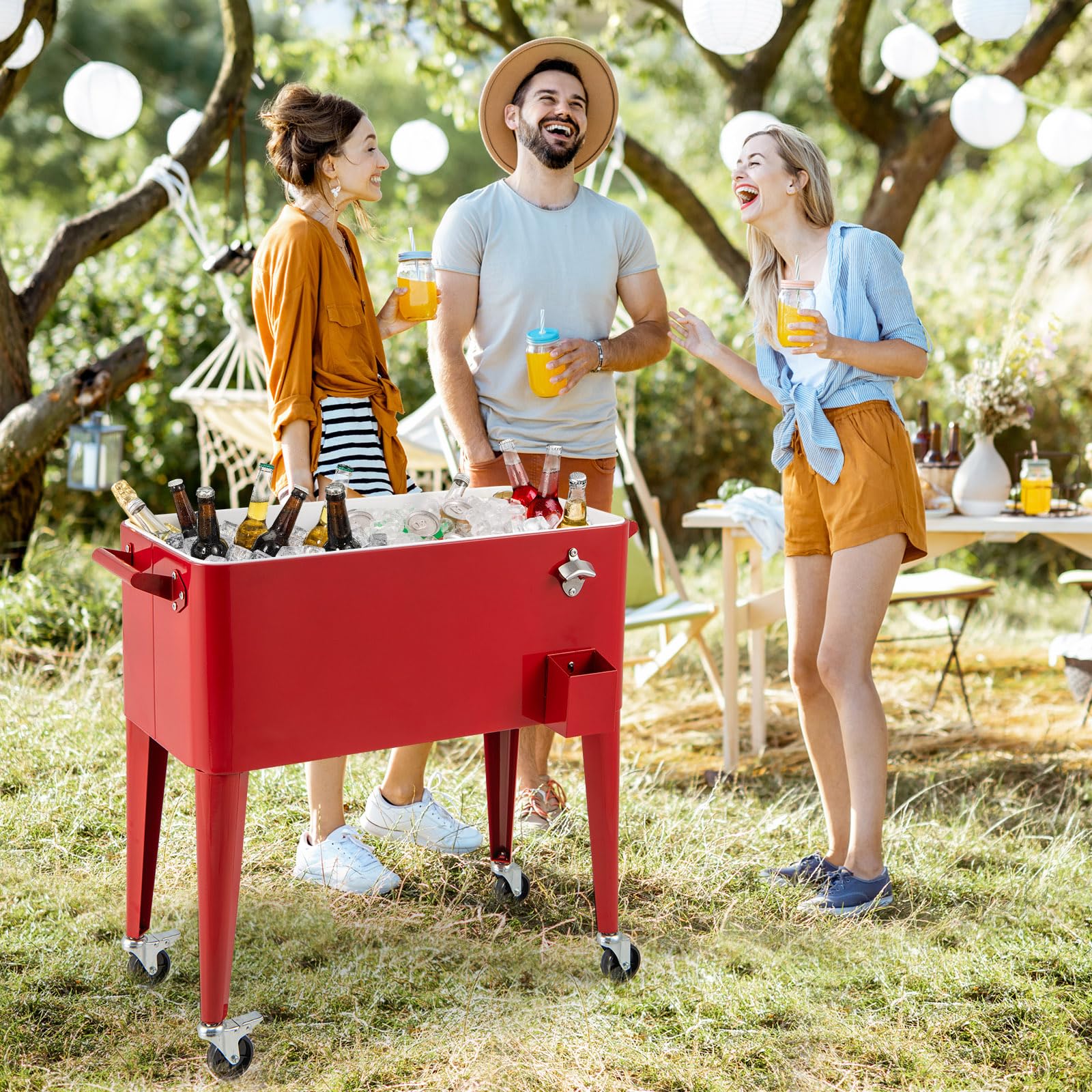 GYMAX Contenitore per ghiaccio da 80 litri, portatile, con ruote di bloccaggio, ripiano inferiore, apribottiglie, acchiappa tappi, per feste all'aperto, piscina, bevande