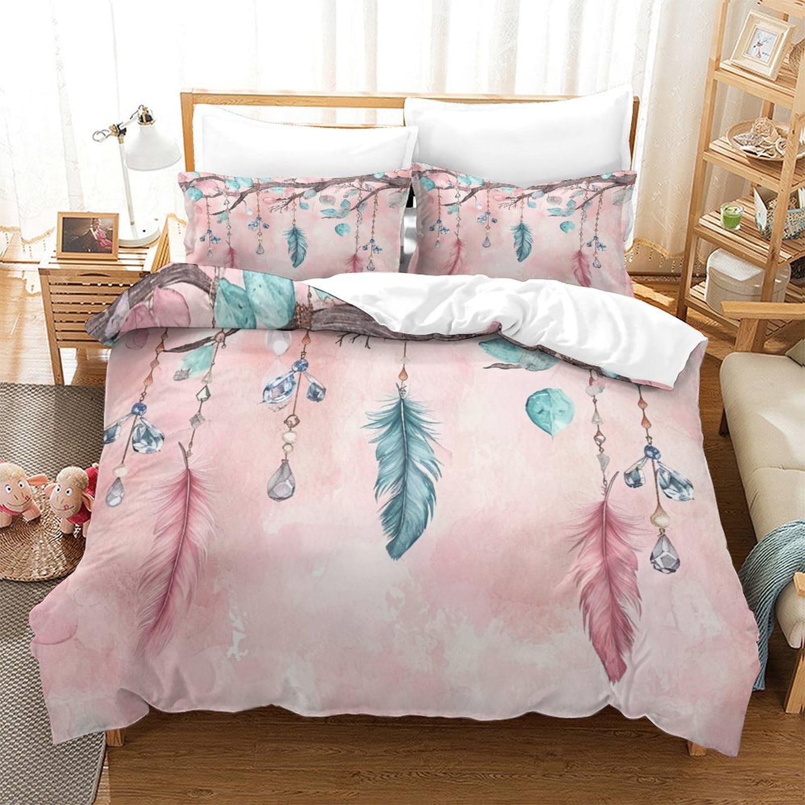 P1S9U7W5Y Dreamy Feather 3D Printed Duvet Cover Set 3pcs Microfiber Dreamcatcher Bedding Set King（220x240cm）