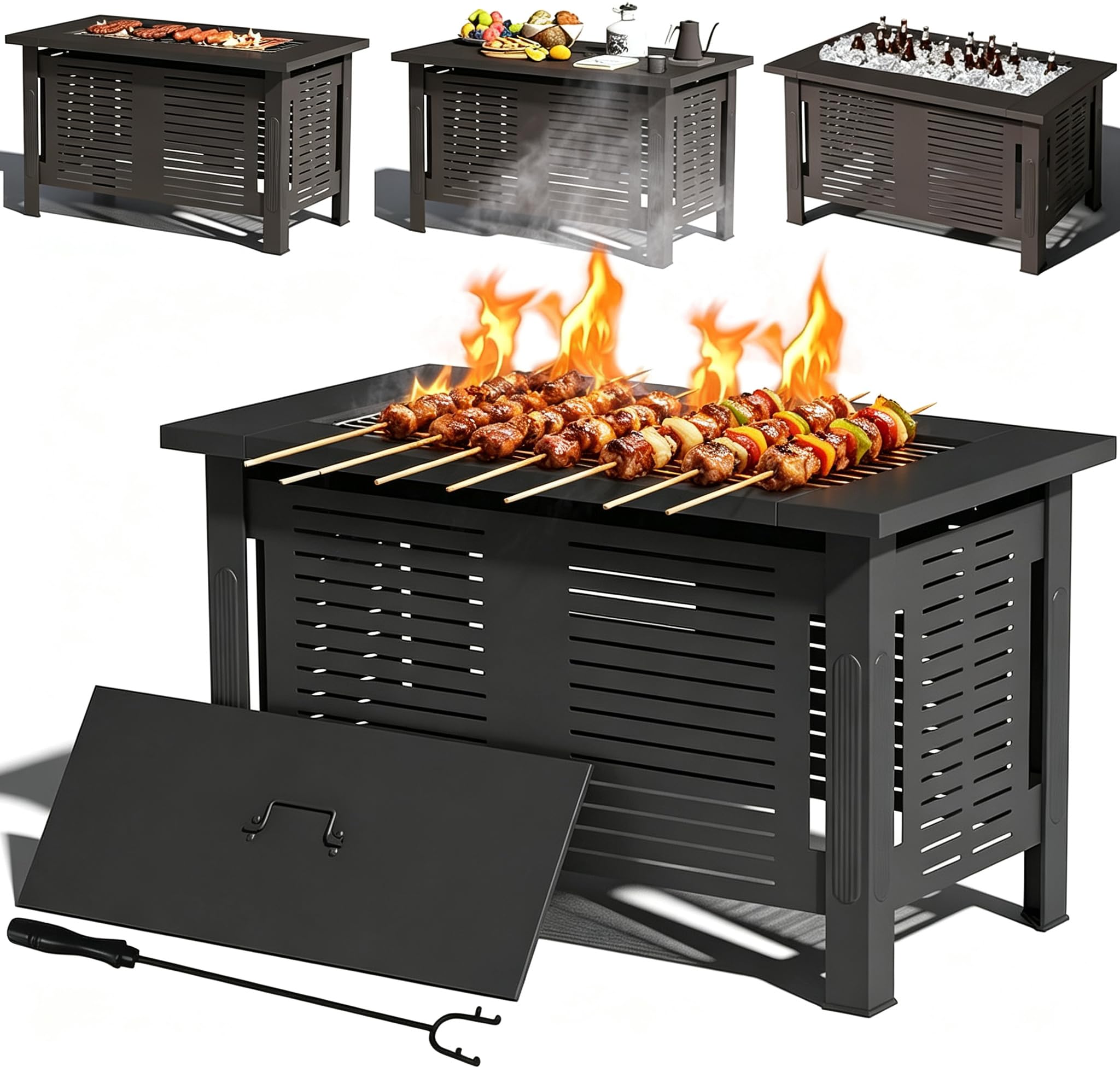 YODOLLA Feuertisch mit Grillrost & Grillzange für Heizung/BBQ Grill | 108x58x63cm Metall Feuerschale, 3-in-1 Holzbrennender Gartenfeuerstelle als Tisch für Gartenpartys verwenden, Schwarz