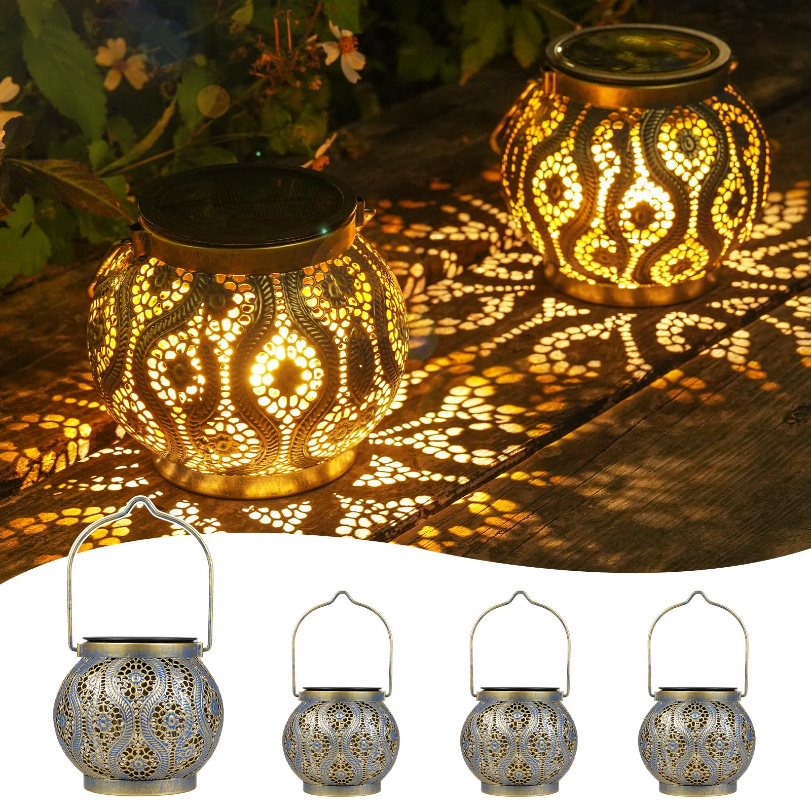 JOYCREATOR Farolillos solares para exteriores, 4 unidades, de metal, para exteriores, resistentes al agua, IP65, resistentes al agua, para exteriores, jardín, decoración para balcón, terraza, porche