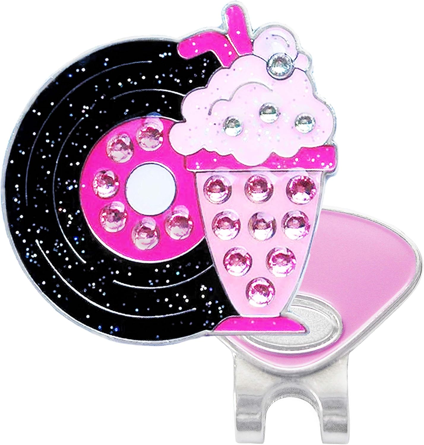 NAVIKA 50's Theme At the Hop Milkshake & Vinyl Record Golf Ball Marker with Austrian Crystals | Hat Clip Included | Retro Themed Golfing Accessory | Gift for Women Golfers