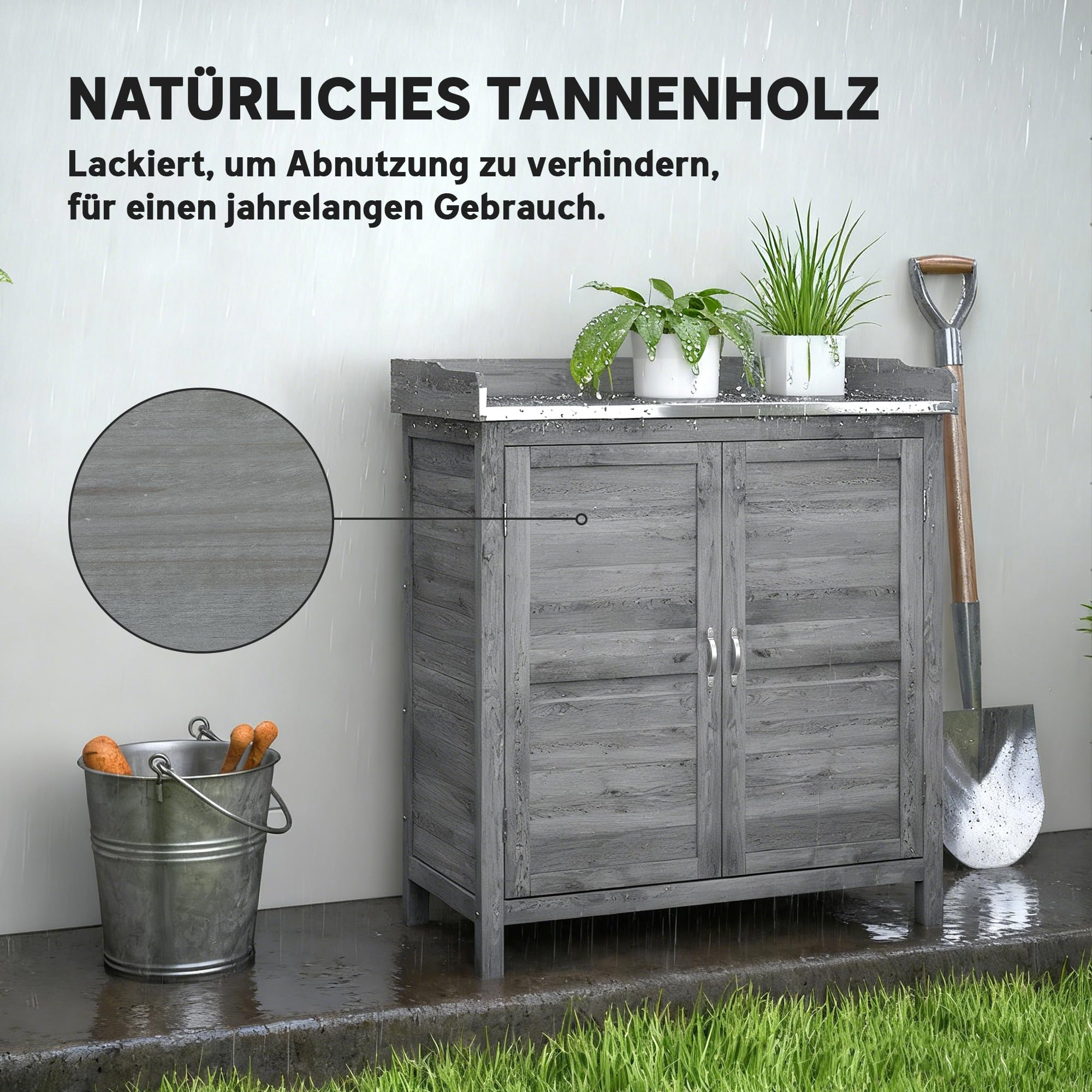 Outsunny Gartenschrank mit Pflanztisch, Holz Geräteschuppen, verzinkter Arbeitsplatte, wetterfest, 83 x 40 x 92cm Grau