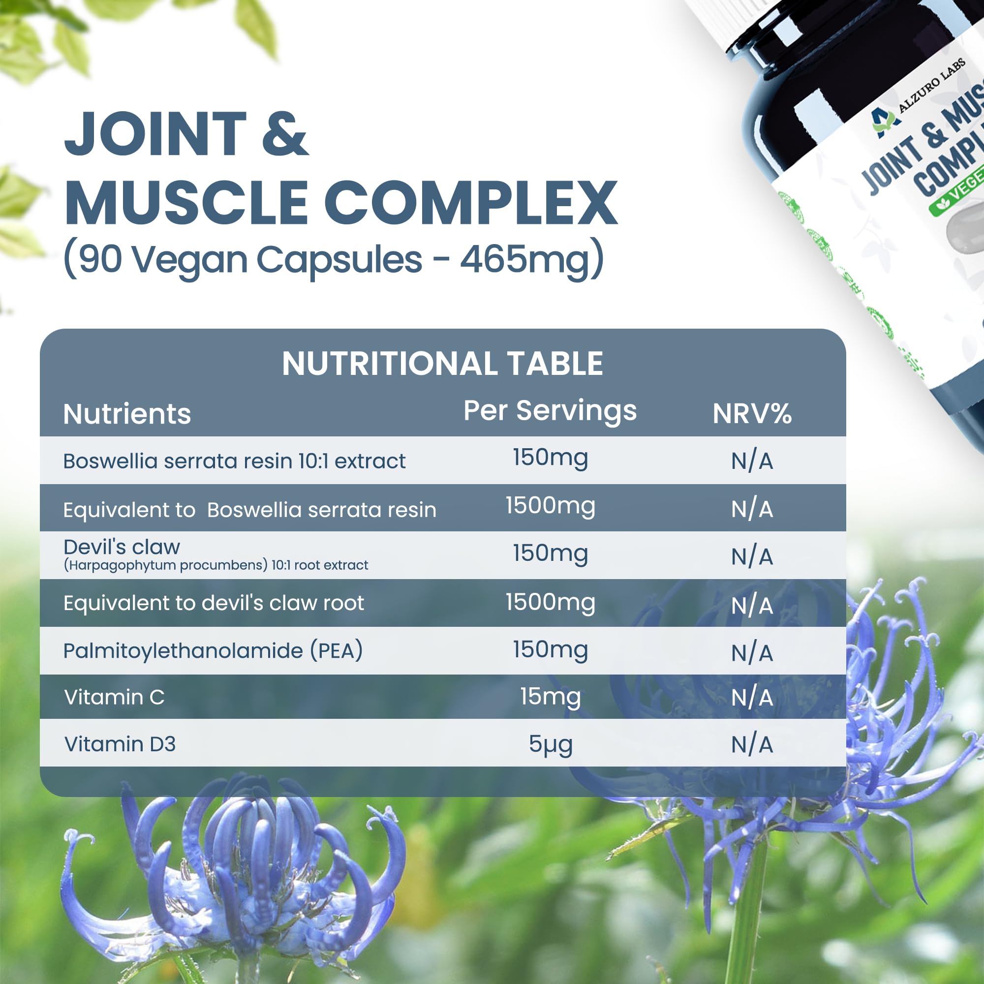 Complejo Articulaciones y Músculos 465mg - 90 cápsulas veganas | Boswellia Serrata, Garra del Diablo, PEA, Vitamina C y D3 | Antiinflamatorio, Huesos y Colágeno | Probado y GMP.