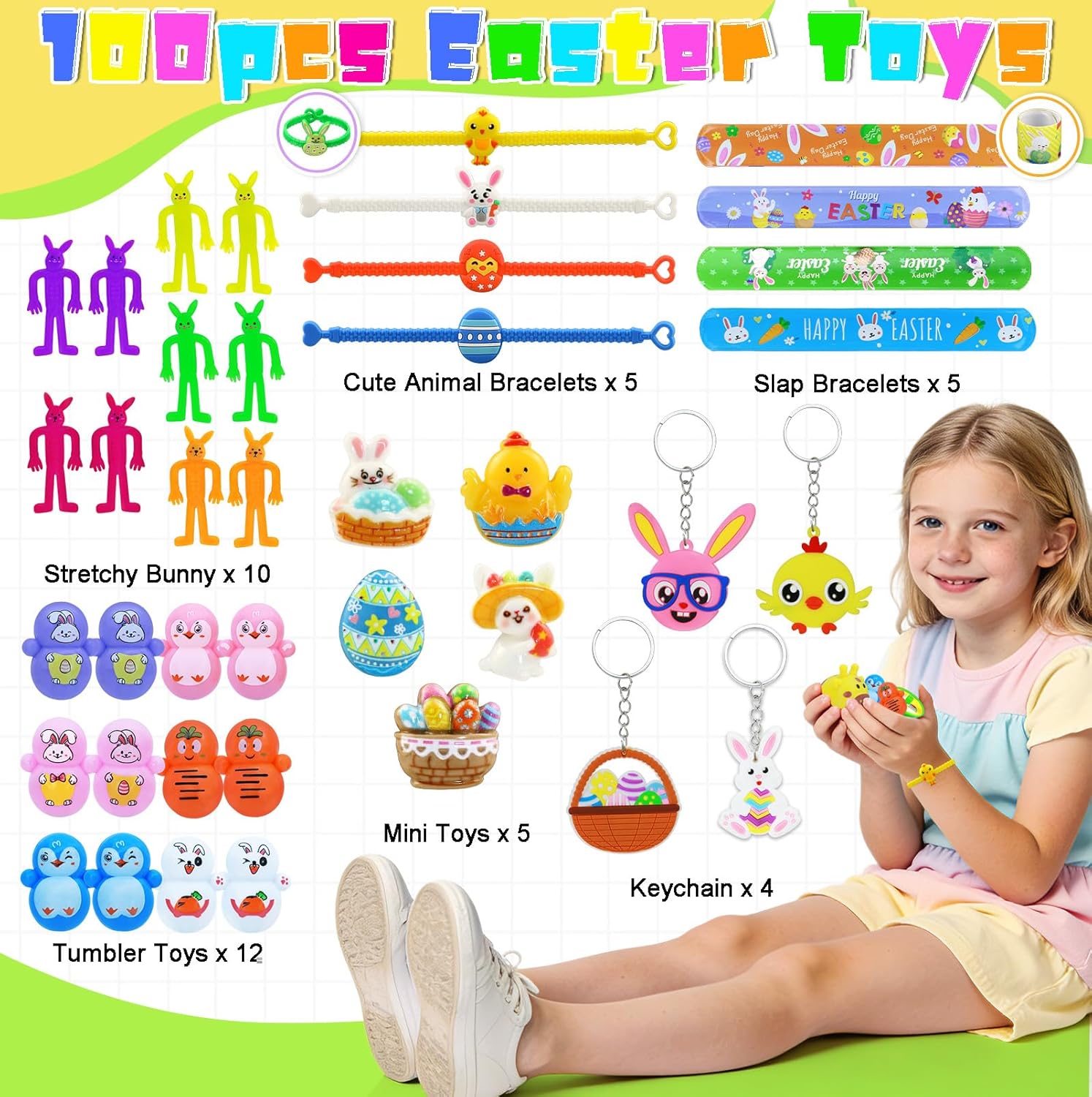 Dokeawo Easter Egg Fillers 100Pcs - Easter Basket Stuffers Essentials for Teens Kids, Small Toys for Kids Party Favors & Egg Hunt, Classroom Treasure Box Prizes, Birthday Goodie Bags Rewards & Gifts