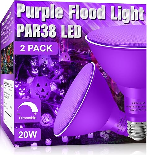 Paquete de 2 luces de inundación moradas PAR38 para exteriores, bombillas moradas regulables, 20 W (equivalente a 200 W), base E26, bombillas de