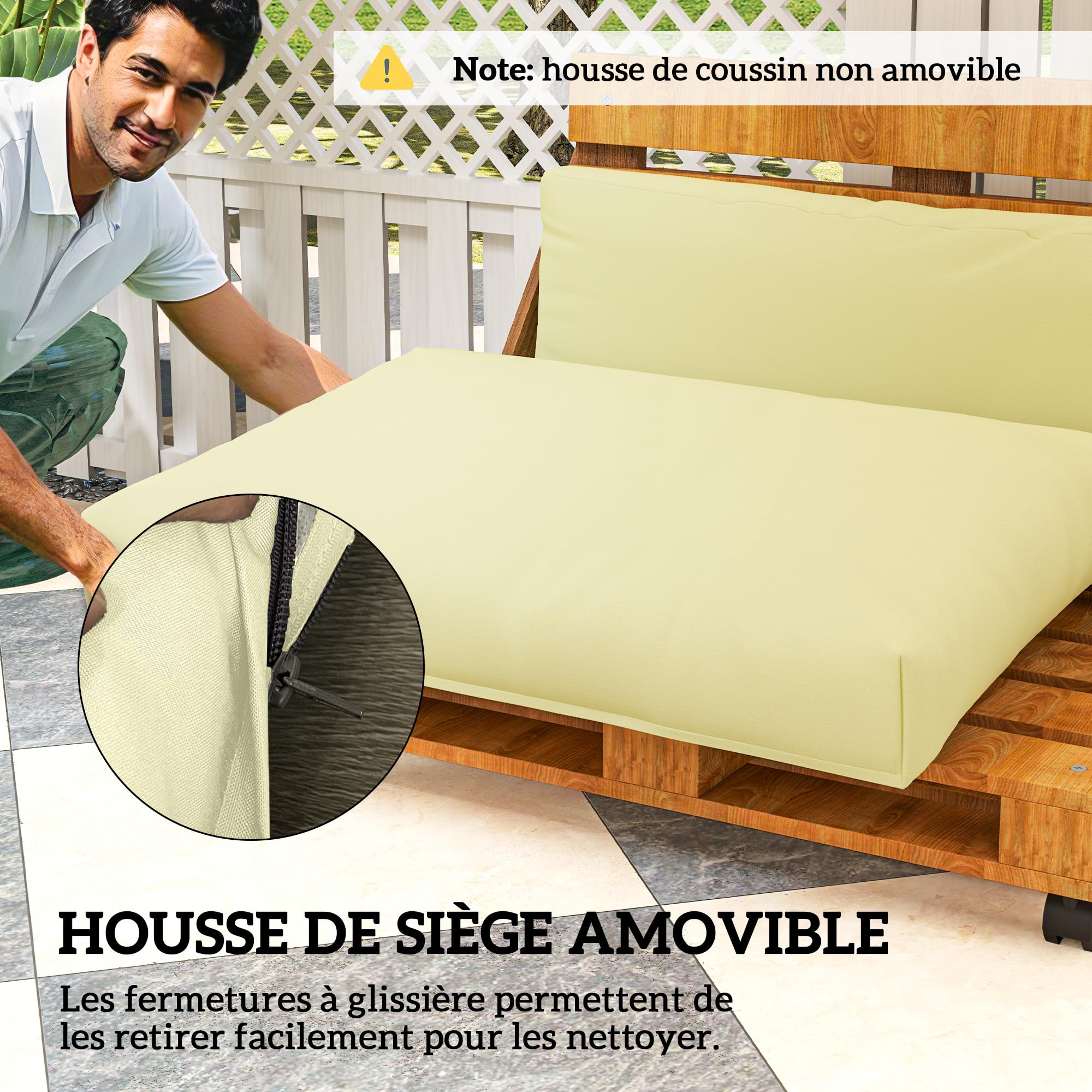 Outsunny Coussins de Palette extérieur 2 Places 2 Pièces UPF20+ Beige | Coussins de siège pour euro palette lavable, 120 x 80 cm et 120 x 45 cm, Épais de 20 cm