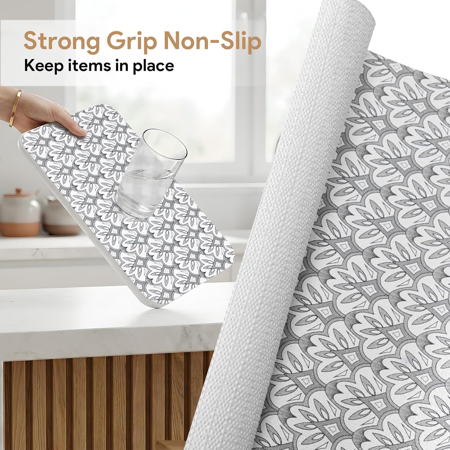 3Rolls*17.7'' X 96'' Gray Shelf Liner Non Adhesive Cabinet Drawer Liner, Strong Grip Non Slip Waterproof Pantry Shelf Paper for Refrigerator Protect Dresser Shelves Stripes Cupboard