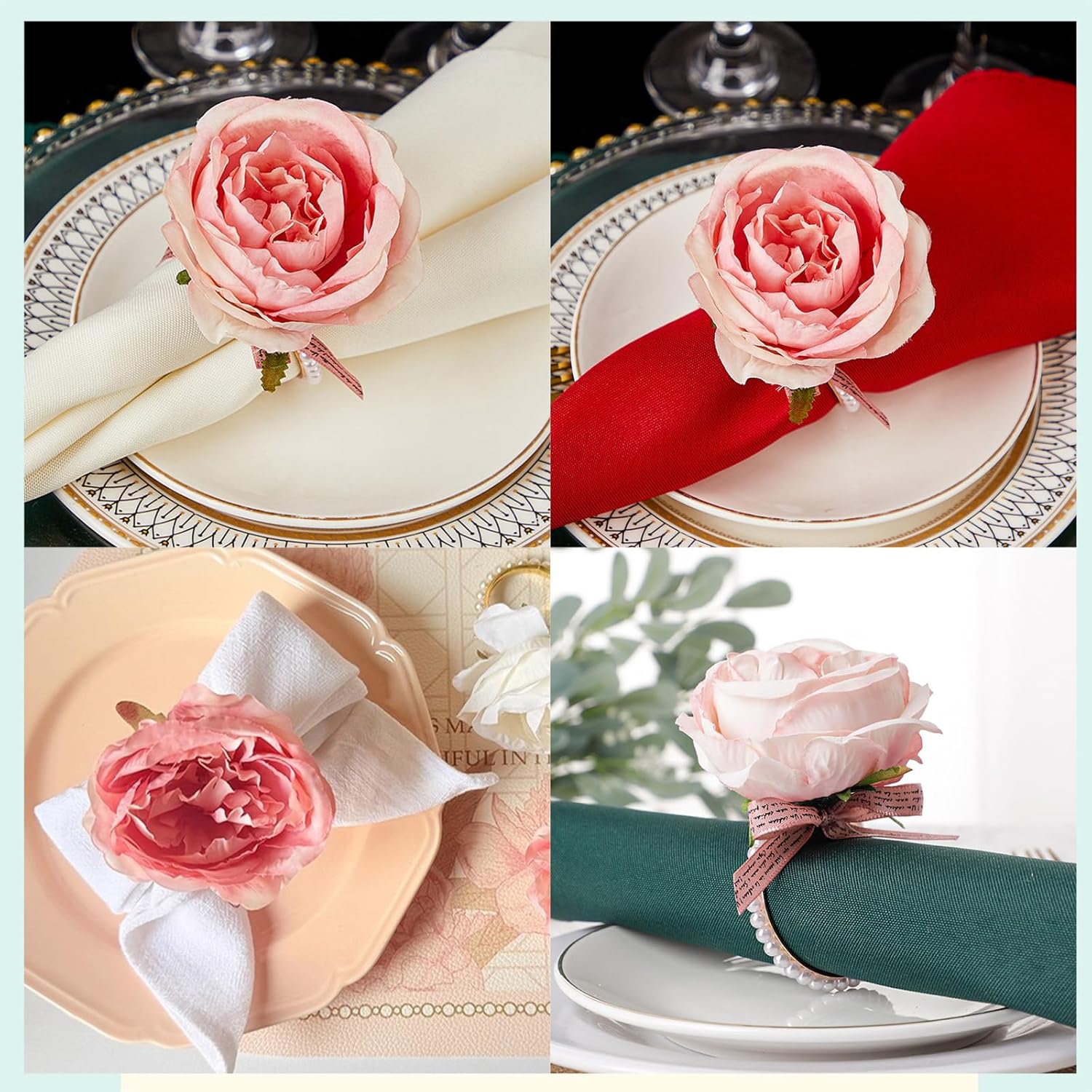 10PCS Flower Napkin Rings, Pink Rose Floral Napkin Holders Table with Imitation Pearls for Wedding Party Dinner Birthday Table Serviette Buckles Decor