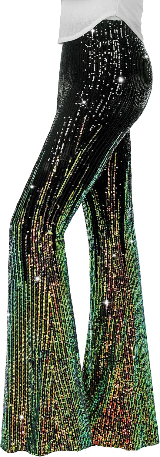 Nawgut Sequin Flare Pants Sparkly Glitter High Waisted Bell Bottom Trousers Disco Party Clubwear for Women