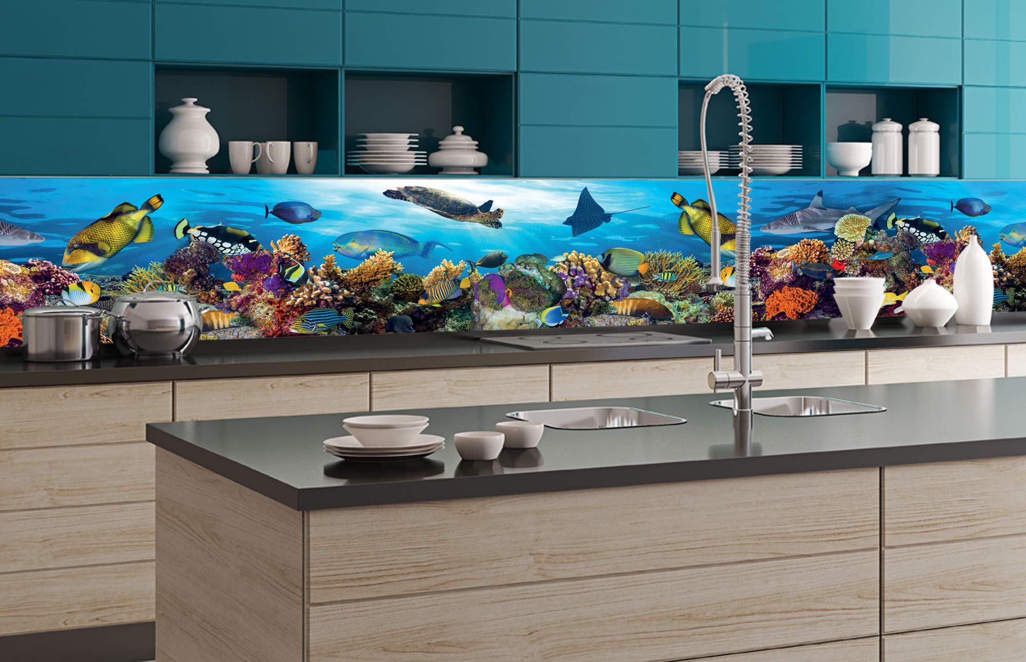 DIMEX LINE Paraschizzi Auto-Adesiva per la Cucina Pesci in Oceano 350 x 60 cm | Resistente all’Acqua | QUALITA‘ Premium