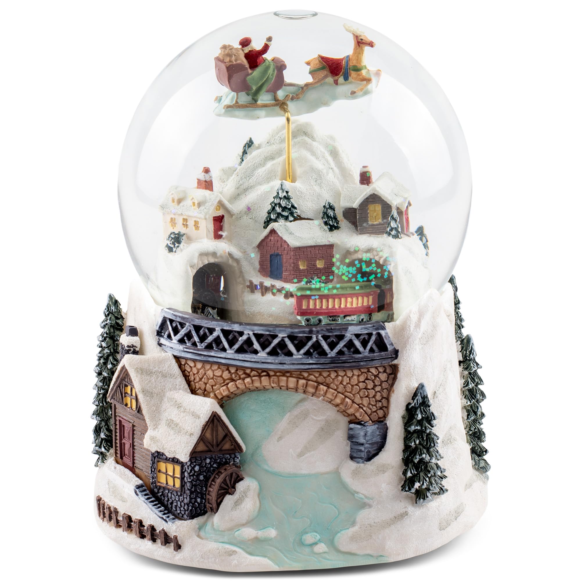 Boule à neige musicale de Noël 63060 avec traîneau du Père Noël volant avec train, multicolore 15,2 cm en résine polymère
