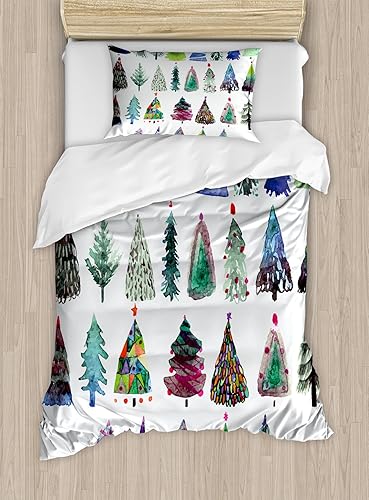 Ambesonne Juego de funda de edredón de Navidad, acuarela, temática navideña, abetos, siluetas abstractas, juego de ropa de cama decorativo de 2
