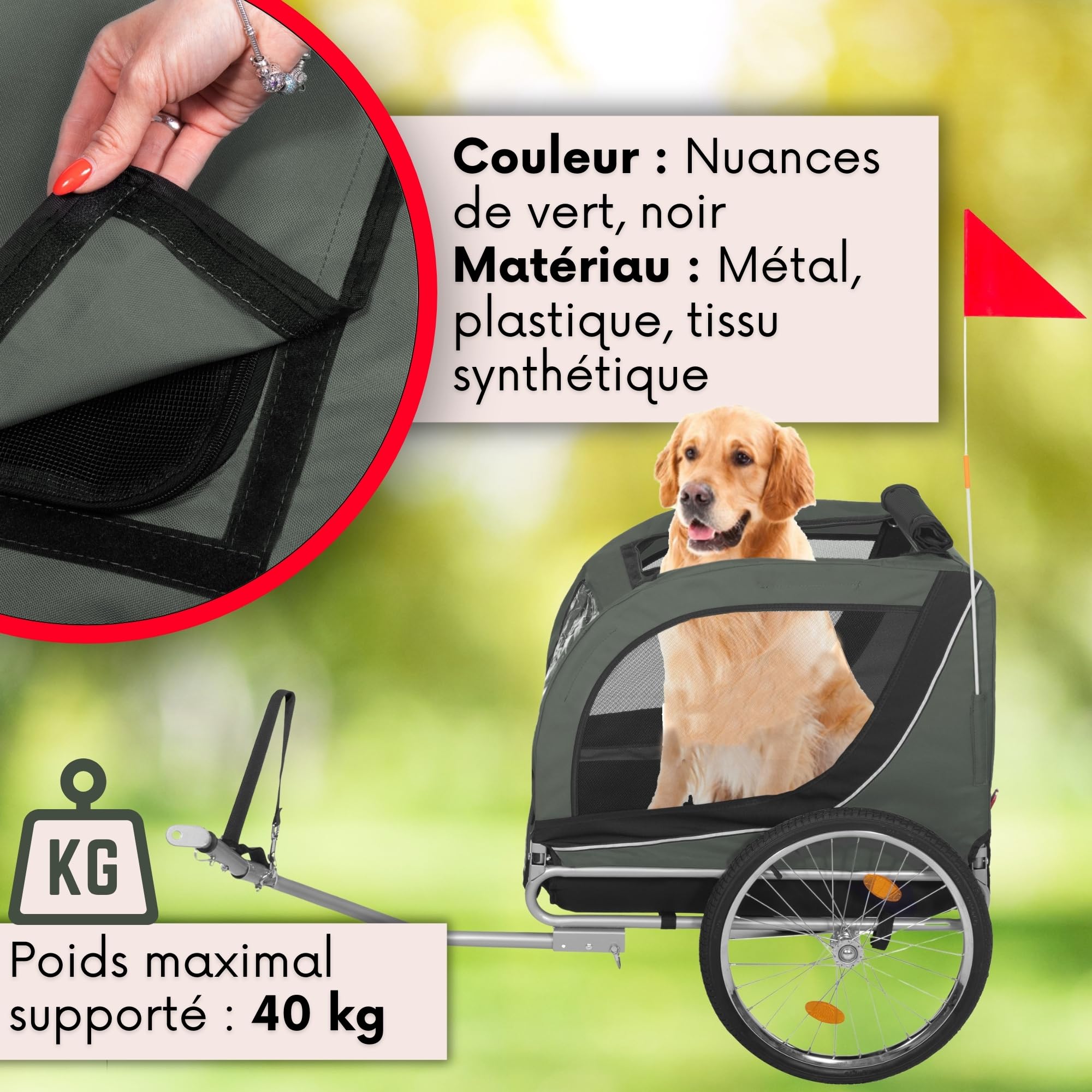 SPRINGOS Remorque de vélo pour chiens jusqu'à 40 kg avec drapeau