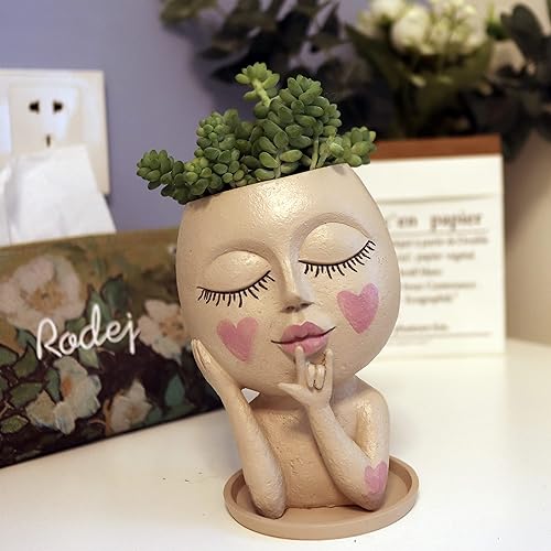 Miniatura 10 de Dolkgy Macetas de cara para plantas de interior y exterior, jarrón único para cabeza de mujer, macetas decorativas, jarrones de cara para mujer