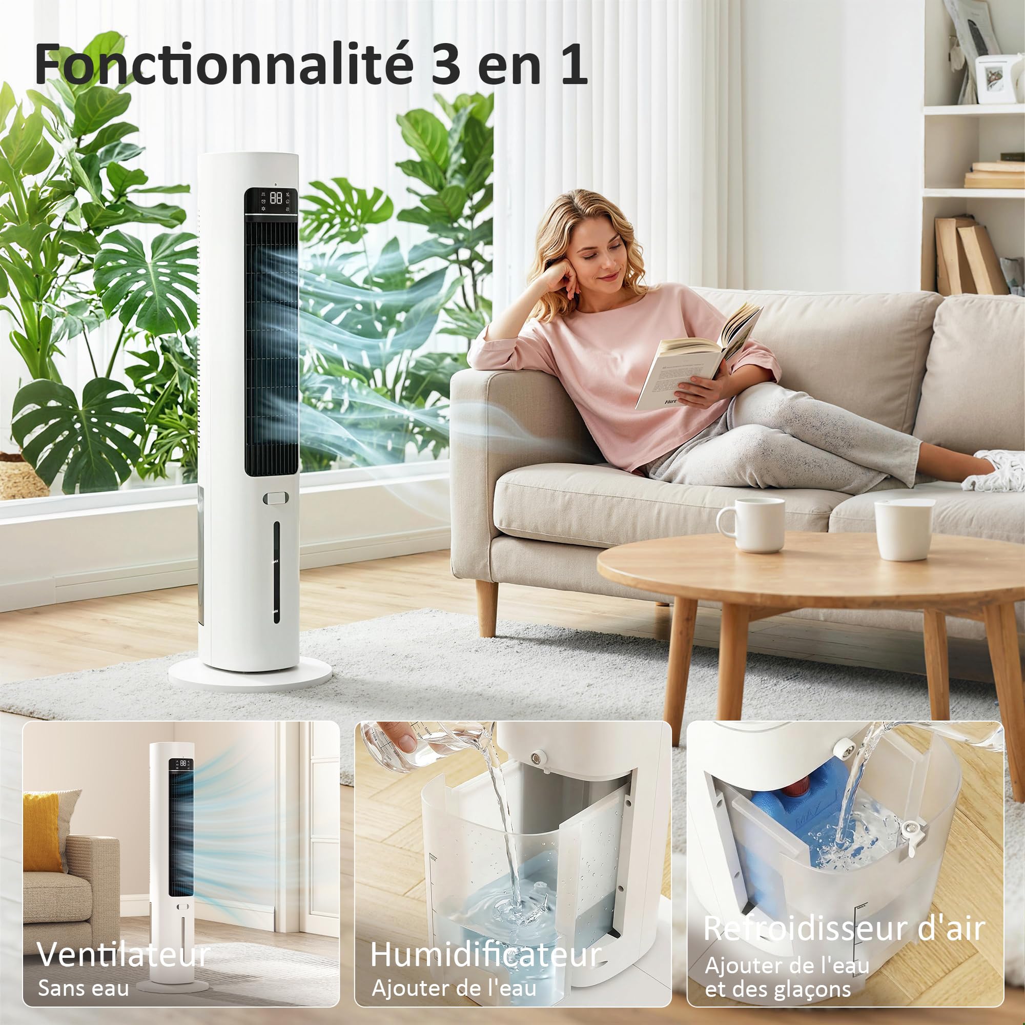 HOMCOM Refroidisseur d'air colonne 3 en 1 refroidisseur humidificateur et ventilateur, oscillation 48°, 3 vitesses 3 modes, réservoir d'eau 3L, blocs de glace, télécommande, pour chambre bureau, blanc