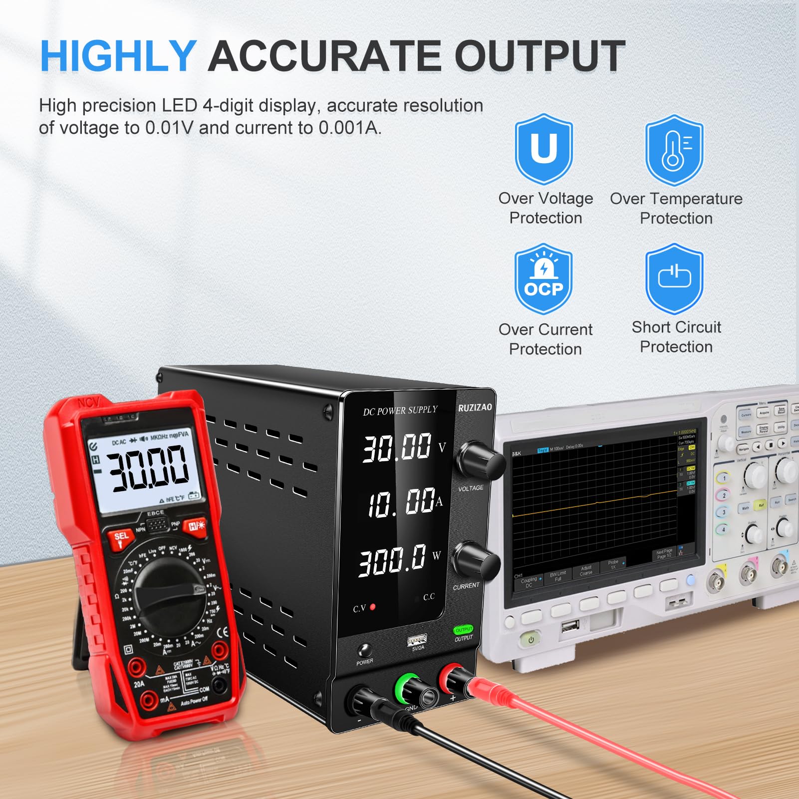 Fuente de Alimentación Regulable 30V 10A, Fuente de Alimentación de Laboratorio con Codificador y Interruptor de Salida, Fuente de Alimentación de Banco Pantalla LED de 4 Dígitos y Puerto USB