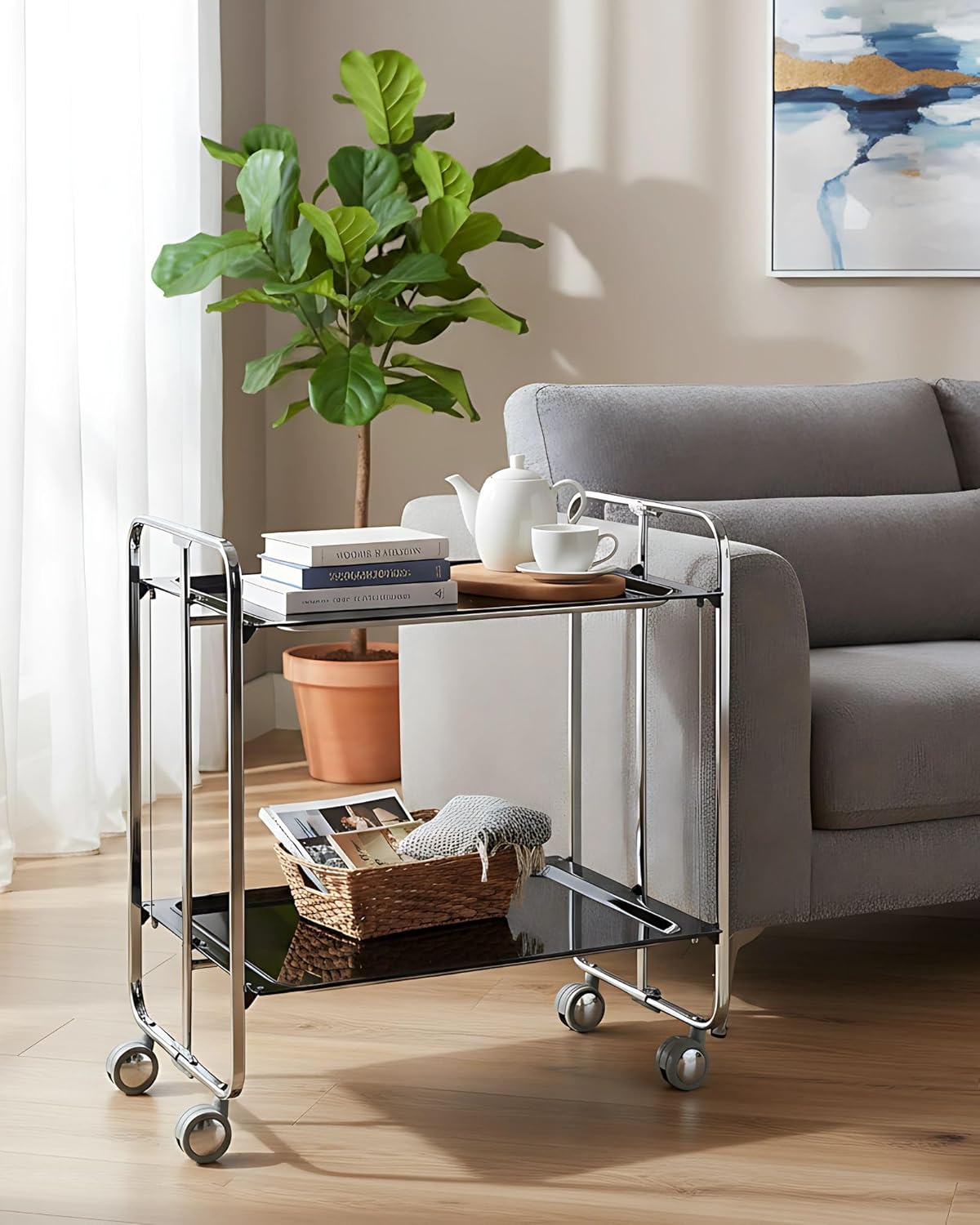 DON HIERRO 2-Tier Folding Bar & Kitchen Cart on Wheels – Chromed Frame Black Shelves – Bauhaus