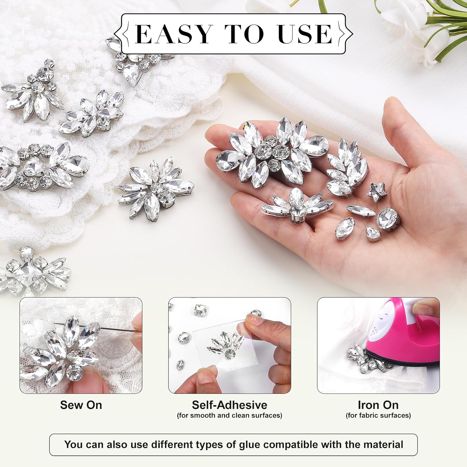 Sew on Rhinestones 205 PCS Glass Mixed Shapes Sew on Crystal Gems Flatback with Silver Claw for Jewelry Crafts Clothes Shoes Costume (Sliver Rhinestones)