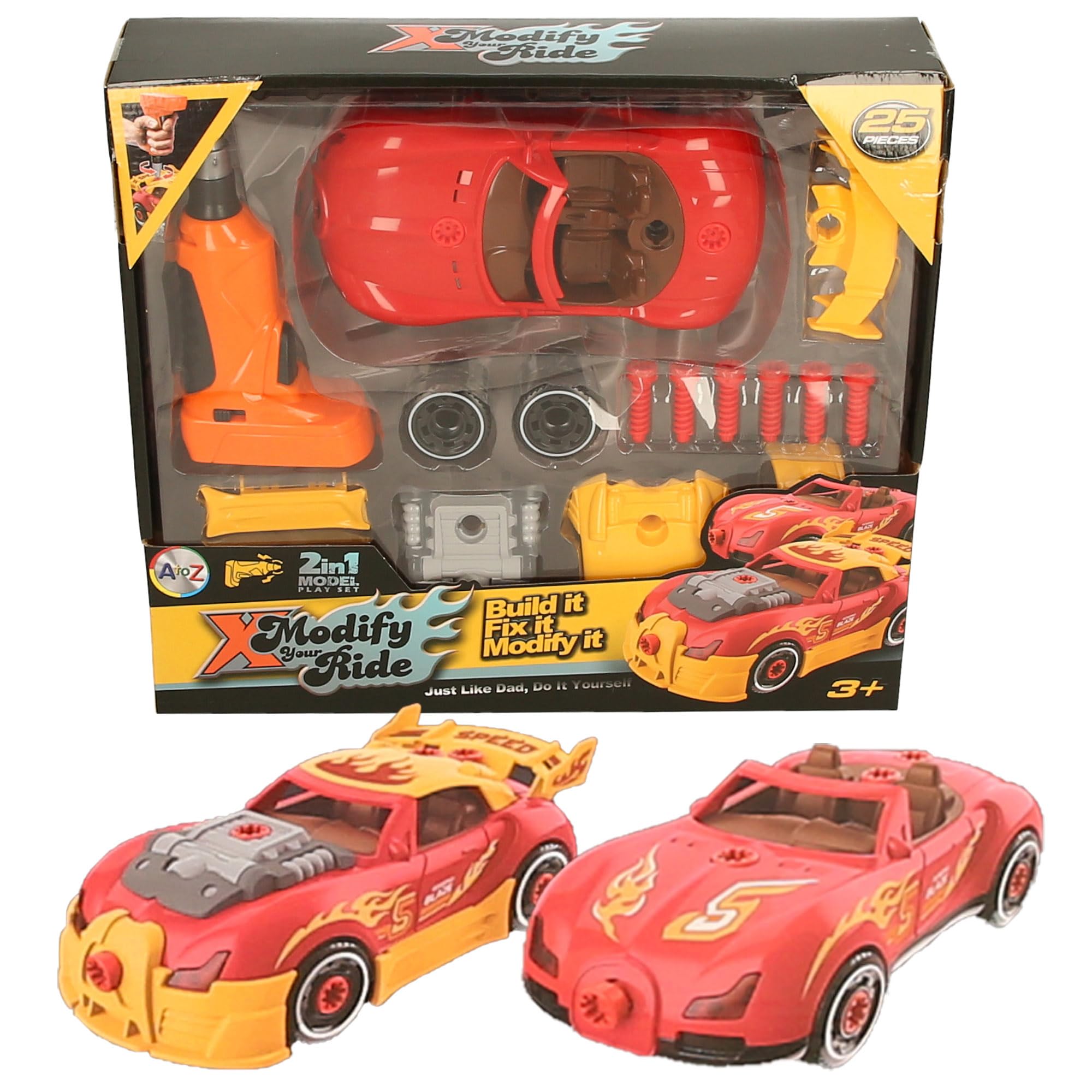 Modify Your Ride 2-in-1 Build and Fix Car Toy Set, 25 Pieces with Drill Tool, Ages 3+