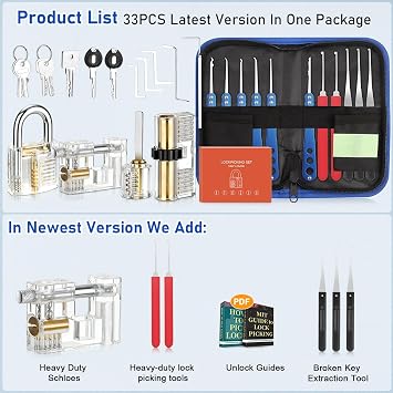 33 Pcs Lock Picking Kit, [Upgraded Version] Diyife Lock Pick Set with 4 Transparent Training Locks 3 Key Extractors & 8 Locks Picking Tools for Lockpicking, Guide for Beginner and Locksmith Training