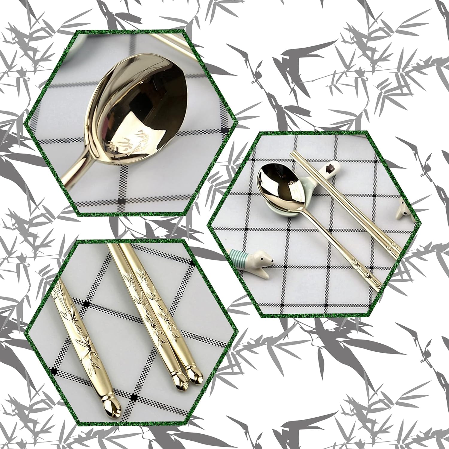 [Made in Korea] Bamboo Design Sticky Rice Spoon Chopsticks Set Gold Titanium Plating 304 Stainless Steel Soup Spoon Ramen Noodle Chopsticks Flatware (5 Sets)