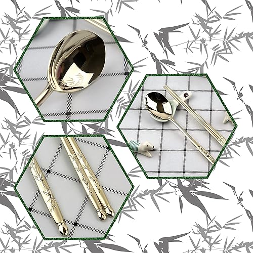 Miniatura 5 de Balwoo Hecho en Corea Juego de palillos de cuchara de arroz pegajosa con diseño de bambú, chapado en titanio dorado, cuchara de sopa de acero