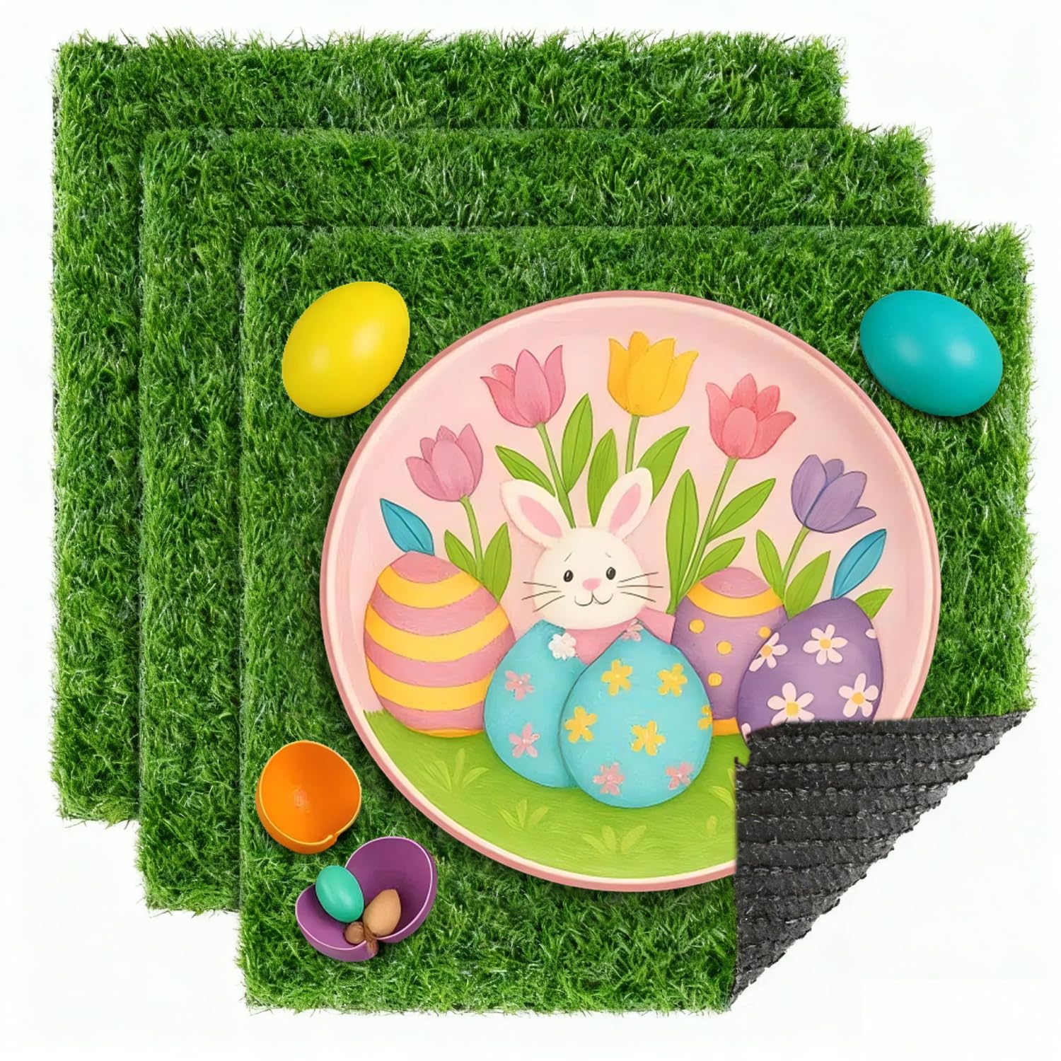 XLX TURF 3 Pack Artificial Grass Mats, 12" x 12" Square Fake Grass Placemats for Easter, Golf Party Decorations, Spring Table Decor, Artificial Turf Tiles for DIY Crafts, Patio & Balcony