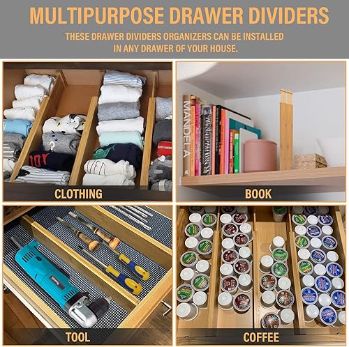 Miniatura 7 de Separadores de cajones de bambú, separadores de cajones de cocina ajustables, organizador de divisores de cajones expandibles para utensilios de