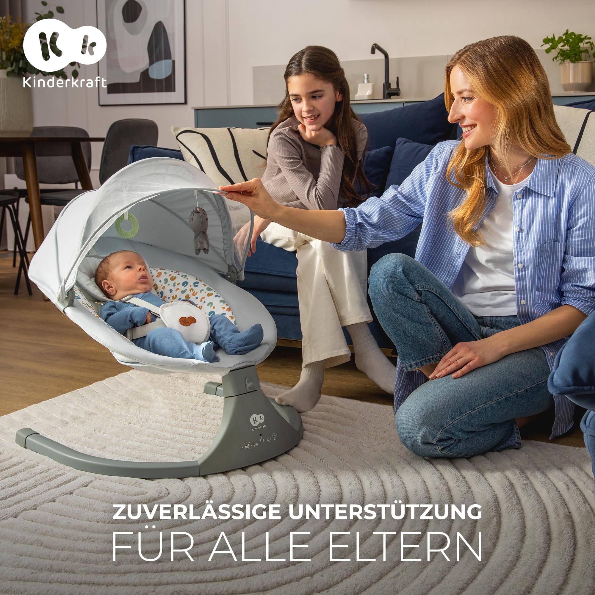 Kinderkraft LUMI 2 Babywippe, Elektrische Babyschaukel, Von der Geburt bis 9 Monate, Höhenverstellbar, 5 Schaukelmodi, 12 Melodien, Bogen mit Spielzeug, Dunkelgrau