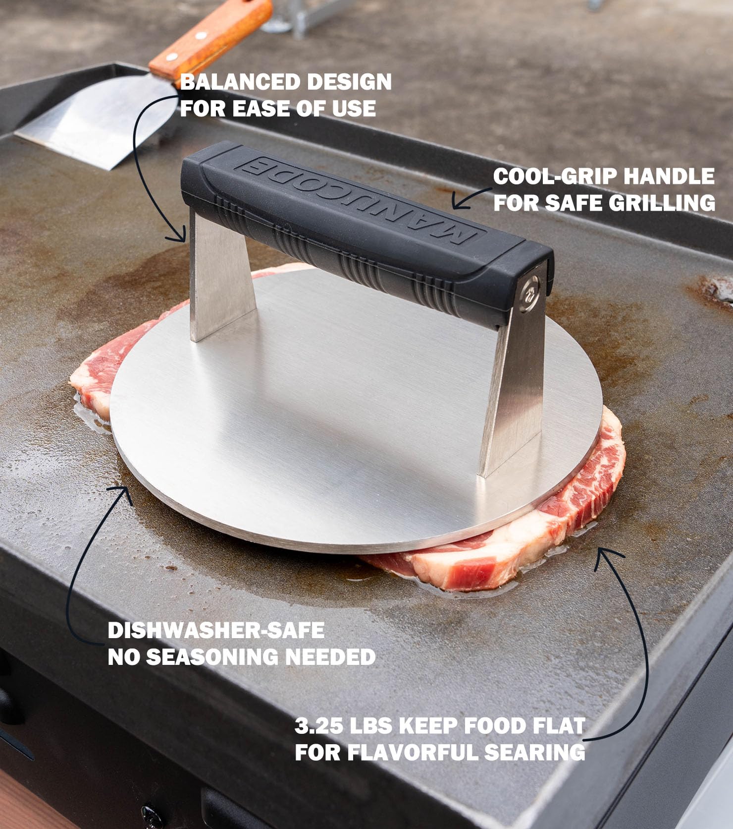 Manucode Stainless Steel Burger Smasher 3.25 LB – 8 Inch Steak Weight for Smash Burgers, Bacon, Sandwiches | Dishwasher Safe, Preheatable Protein Press with Silicone Handle | Commercial BBQ Tool