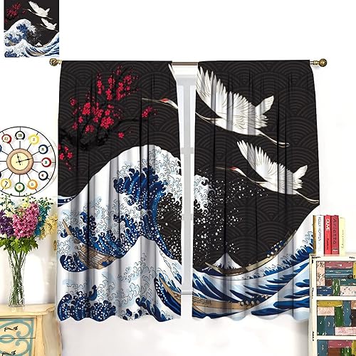 Miniatura 3 de Cortinas opacas con diseño de grúa, flores de ciruelo rojo, olas de mar, barco, grúa voladora, ola japonesa, impresión artística negra para