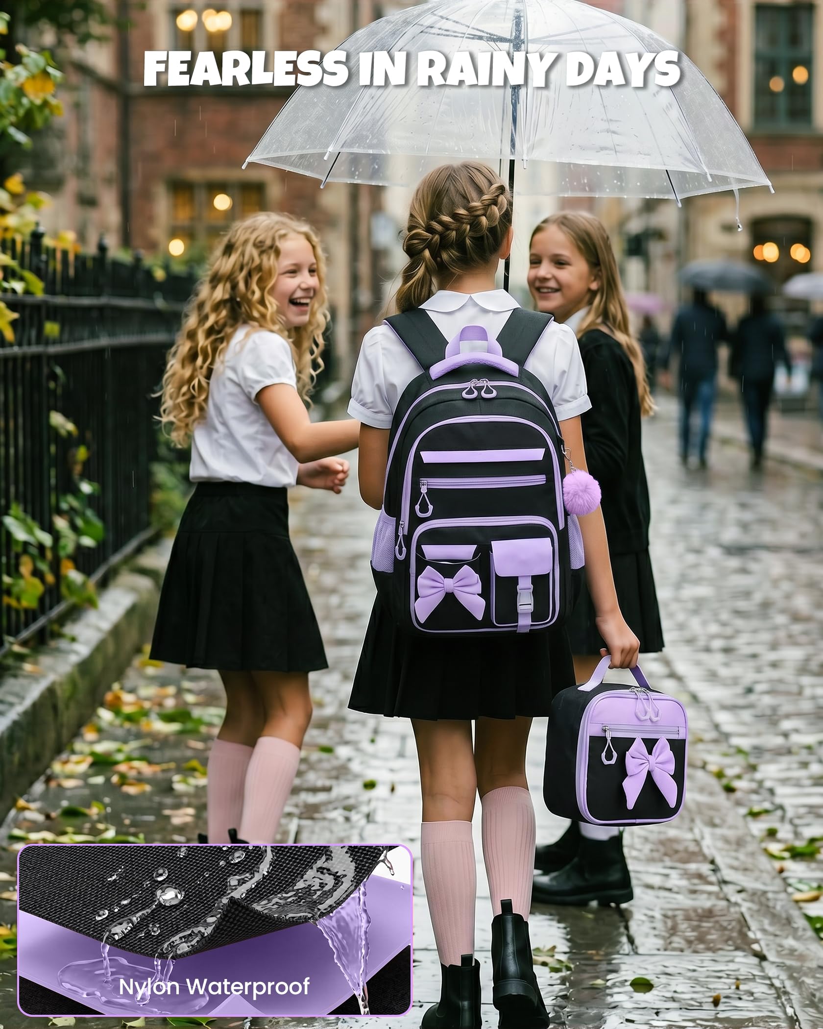 Amythe Schulrucksack Mädchen 3-teilig Kawaii 3.-7. Klasse mit Lunch Tasche Federmäppchen Anti-Diebstahl-Tasche 24L Lila Schwarz