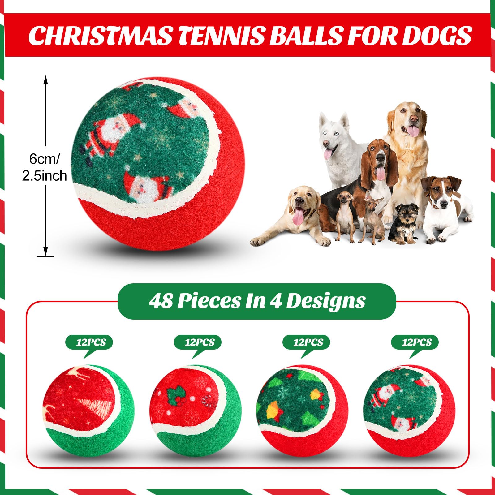Hiboom Weihnachts-Tennisbälle für Hunde, 6,3 cm, interaktives Spielzeug für kleine, mittelgroße und große Zahnen, Kautraining, Spielen, Weihnachten, Haustiergeschenk, 48 Stück