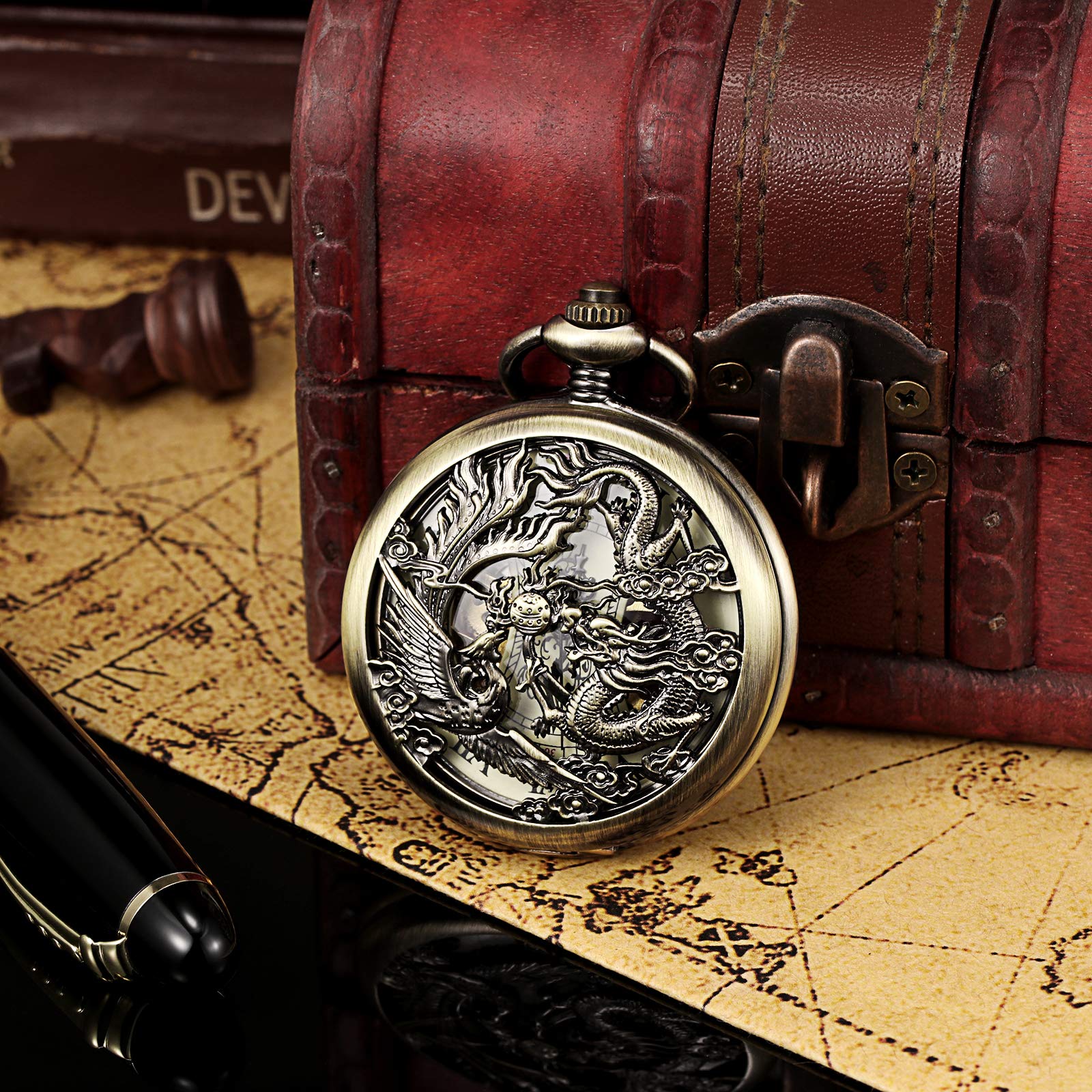 TREEWETO Orologio da taschino da uomo con catena analogica a carica manuale antico drago fenice scheletro bronzo