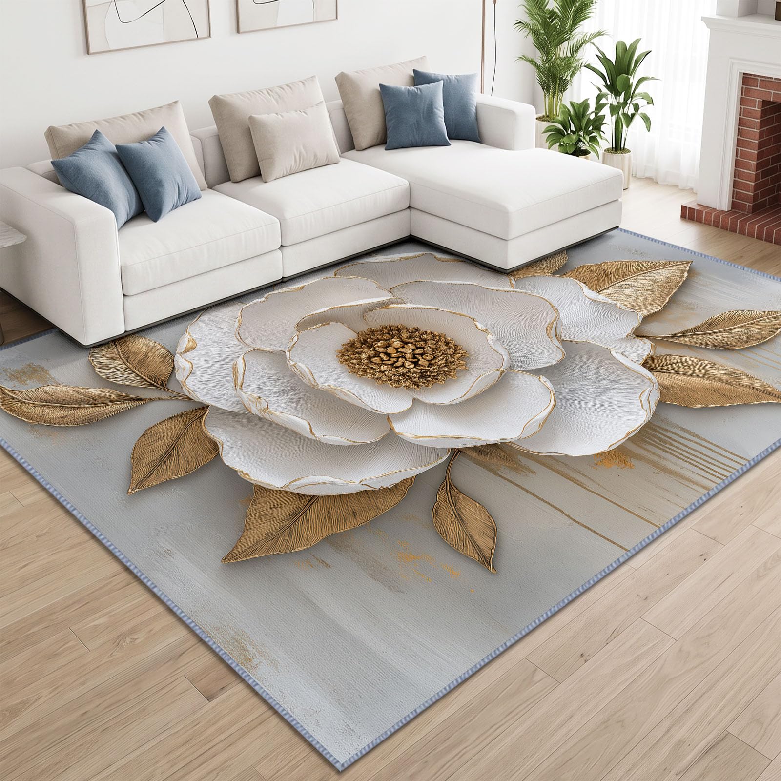 Générique Tapis Antidérapant Floral Relief 3D 80 x 150 cm, Tapis Doux Poil Ras Pivoine Blanche Bordure Métallique Lavable, Convient pour Chambre Salon Salle a Manger Bureau Cuisine Decoration