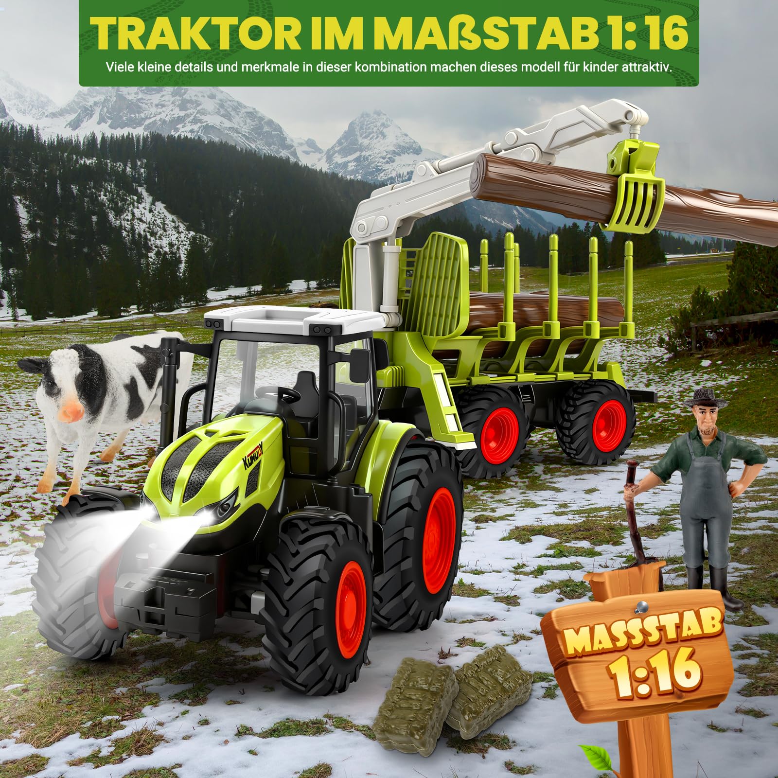 BuzzoXerex Ferngesteuerter Traktor Ferngesteuert, 1:16 RC Traktor mit Anhänger und Licht, 2.4 GHz Traktor Spielzeug mit Baumstämme, Kuh und Heuballen, Geschenk für Kinder ab 3 4 5 6 Jahre