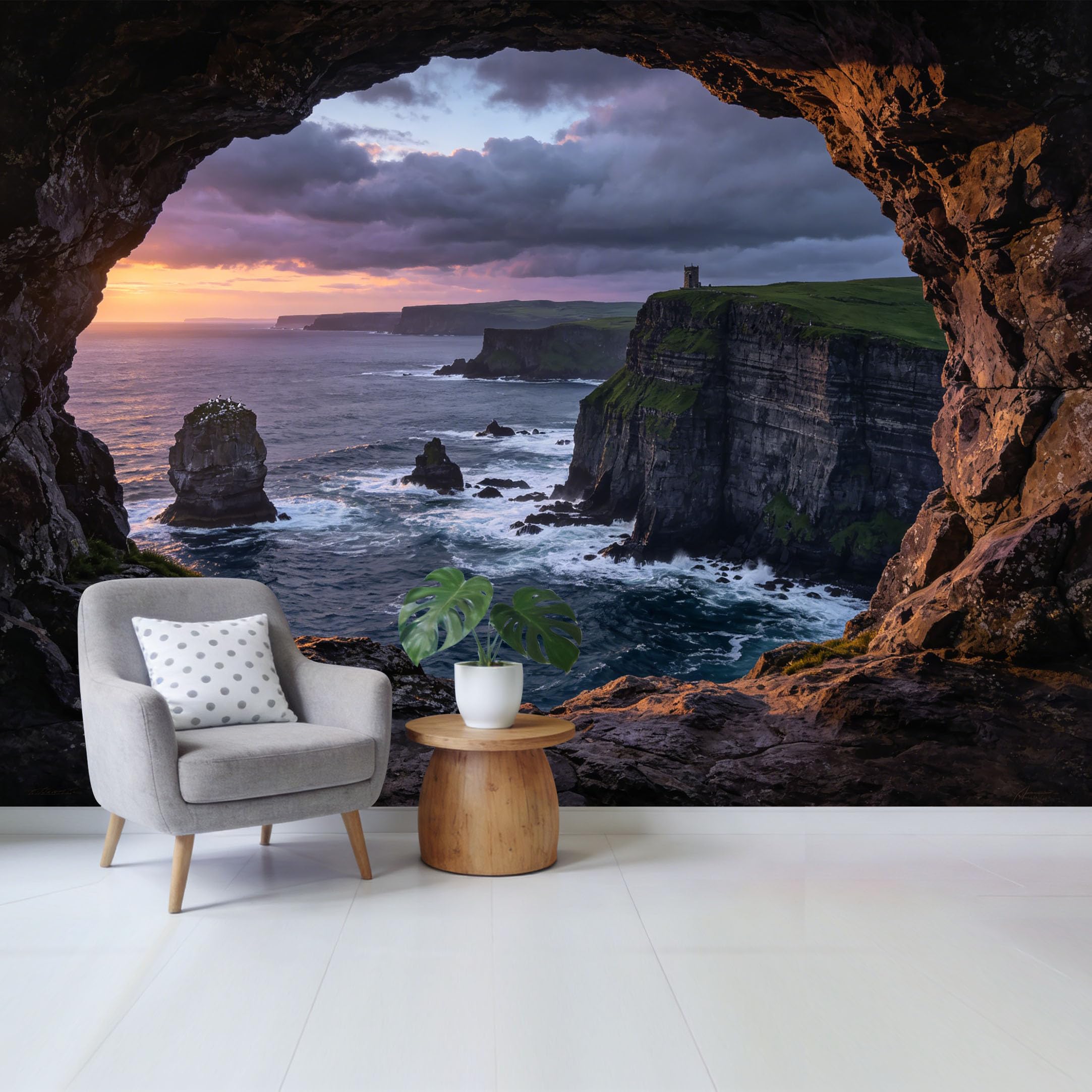 Custom Size Wall Mural Dramatic Ocean Cliff Sunset View Coastal Landscape Removable Self Adhesive Fabric， Home Wall Decor for Living Room Bedroom Bathroom