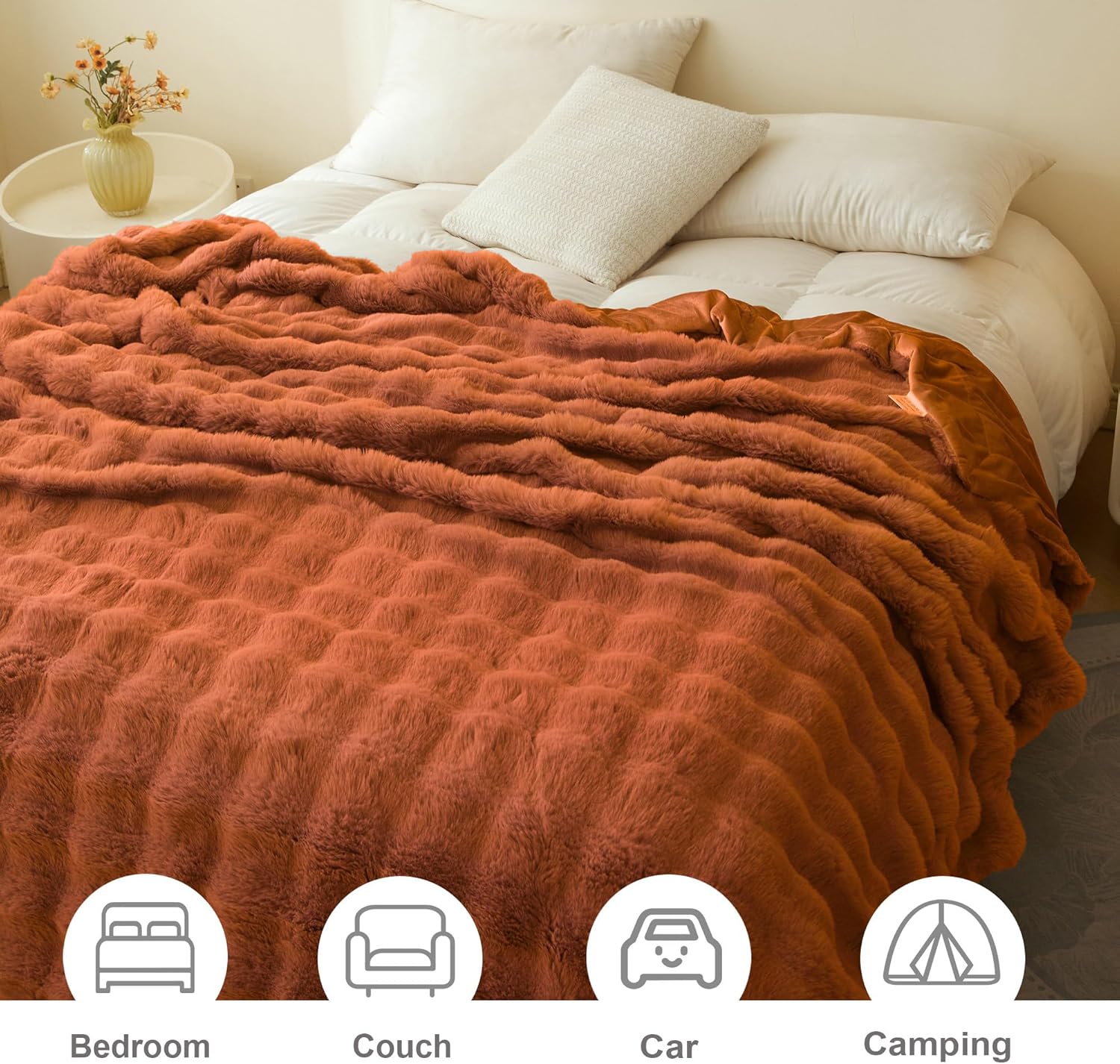 LIFEREVO Luxury Faux Rabbit Fur Queen Size Blanket for Bed, Soft Cozy and Plush Thick Waffle Big Bubble Blanket for All Season, Cute Fuzzy Throw Home Decor for Adults Kids, 90x90, Burnt Orange - Image 4