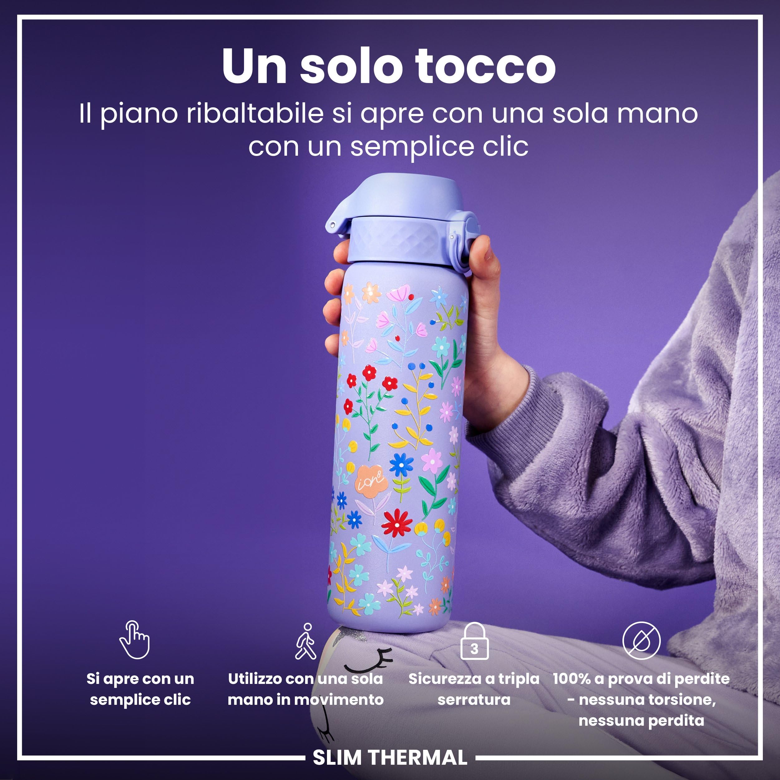 Ion8 Borraccia Termica in Acciaio Isolato, 500ml, a Prova di Perdite, Facile da Aprire, Serratura Sicura, Lavabile in Lavastoviglie, Maniglia per il Trasporto, Facile Pulizia,Floreale Delicato