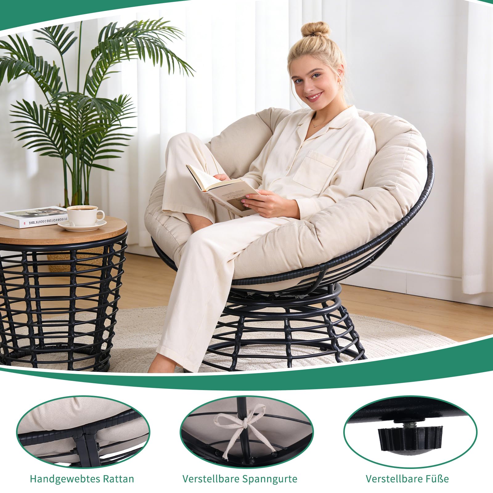 43" Ergonomischer 360°drehbarer Papasan-Sessel runder Korbsessel mit dickem Kissen Loungesessel für Wohnzimmer Schlafzimmer Leseecke Innen- Außenbereich, hellgraue Polsterung schwarzes Gestell