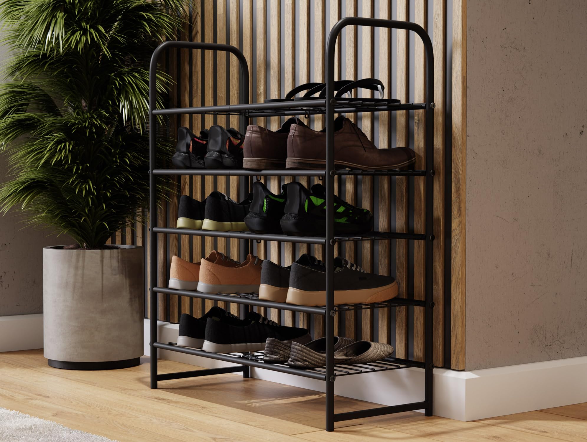 Lenmar, SHM 5, Schuhregal mit 5 Ebenen, Schuhschrank, Schuhaufbewahrung, Schuh-Organizer für 12-15 Paar, Metall, schmal, Ständer, schwarz, Schuhaufbewahrung, Wohnzimmer, Schlafzimmer