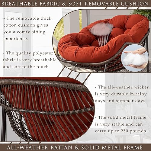 Miniatura 9 de Mecedora para patio al aire libre, cómoda silla mecedora de mimbre con cojín acolchado, silla de ratán de gran tamaño con marco de acero sólido,