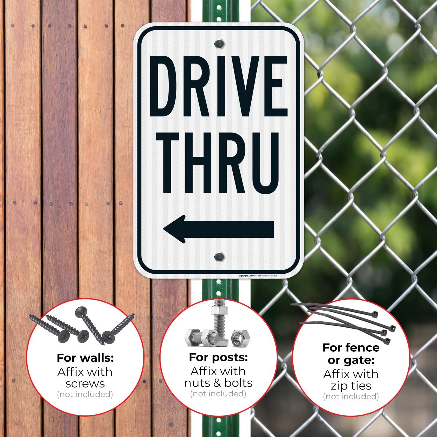 Drive Thru with Left Arrow Sign, 12x18 Inches, 3M EGP Reflective .063 Aluminum, Fade Resistant, Made in USA